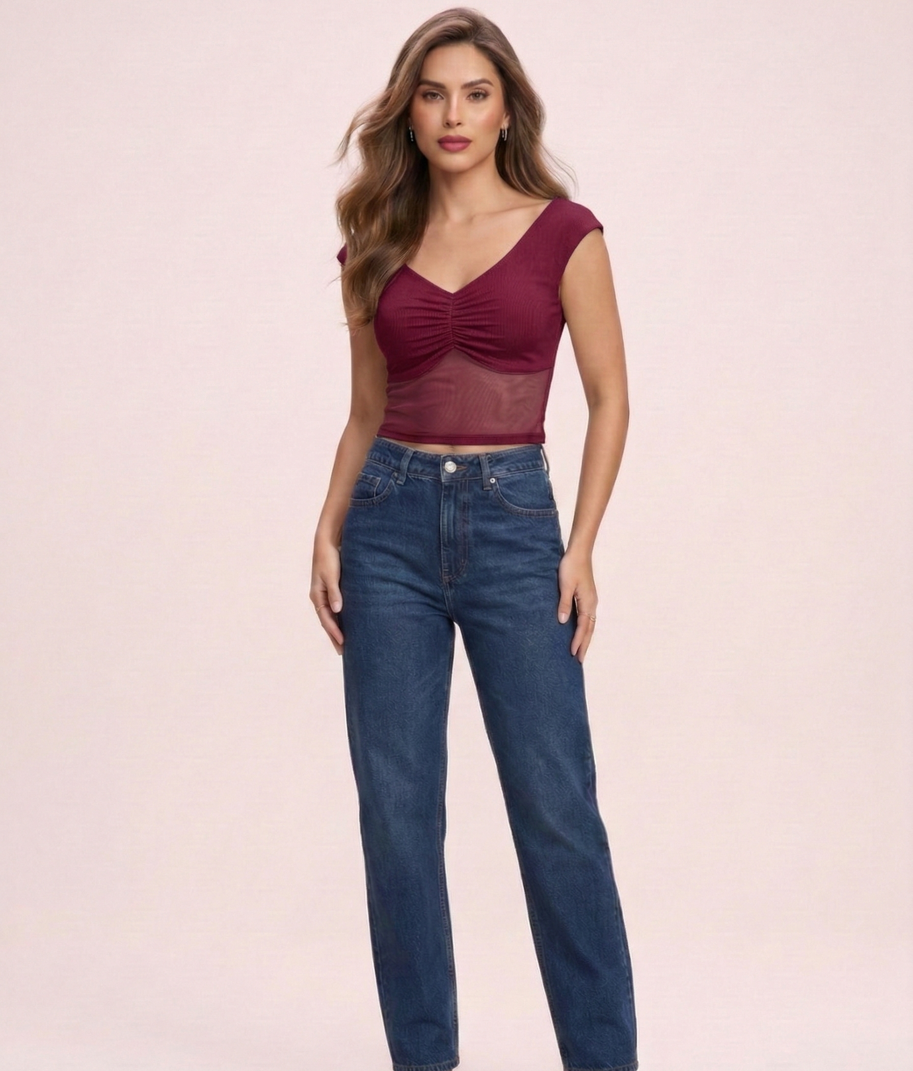 Blusa con Escote Fruncido y Mesh Transparente