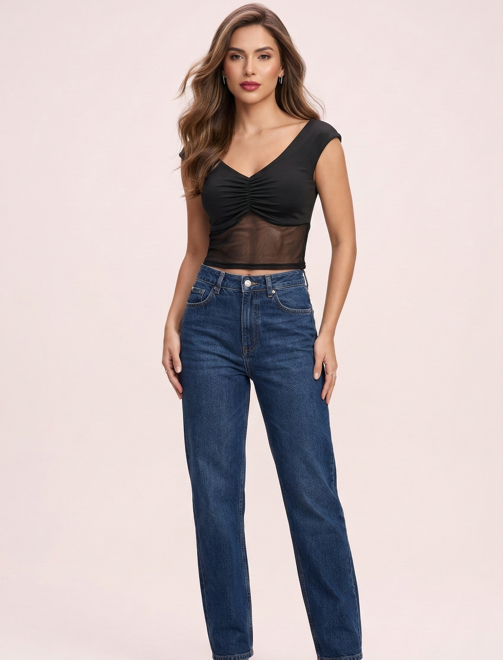 Blusa con Escote Fruncido y Mesh Transparente