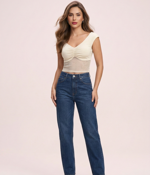 Blusa con Escote Fruncido y Mesh Transparente